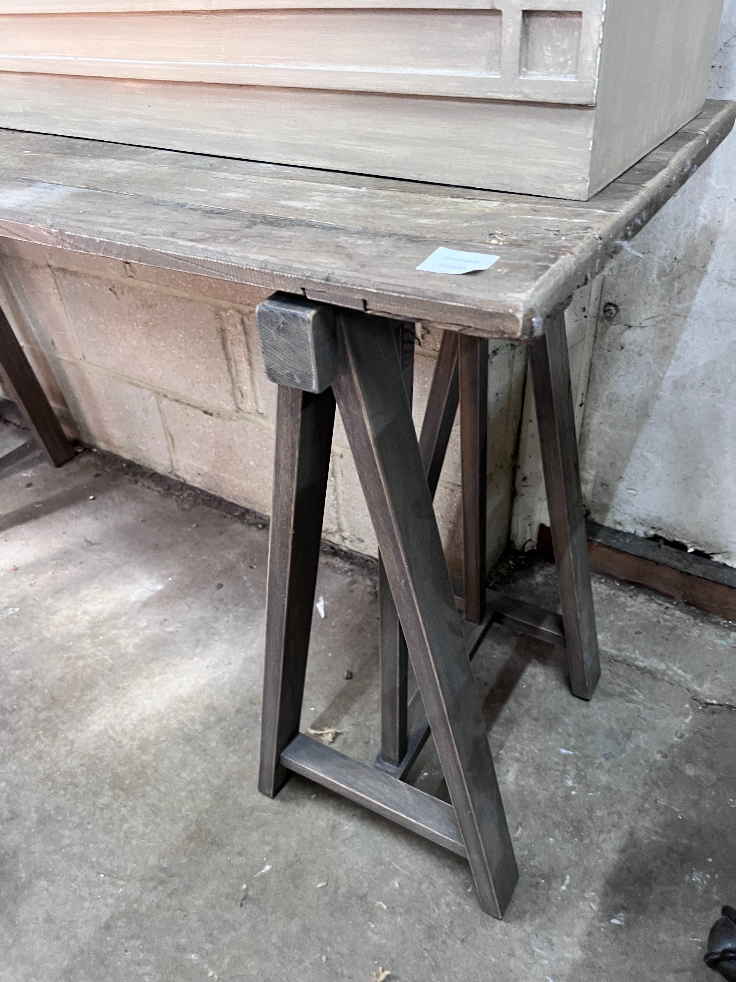 A Victorian style trestle table with planked top, length 175cm, width 49cm, height 82cm *Please note the sale commences at 9am.
